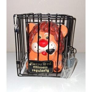 Vintage Taiwan Ceramic Lion Coin Bank in Locked Cage "Please Feed Animals